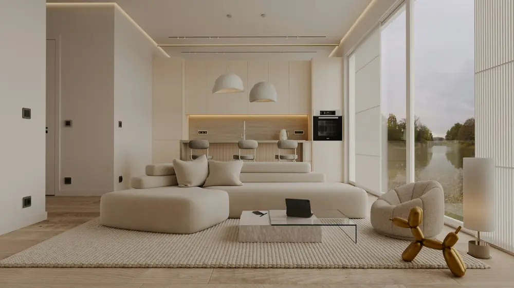 Sala moderna en tonos crema con grandes ventanales