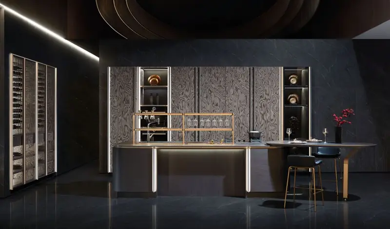 Ambiente de cocina en exhibición con iluminación cálida